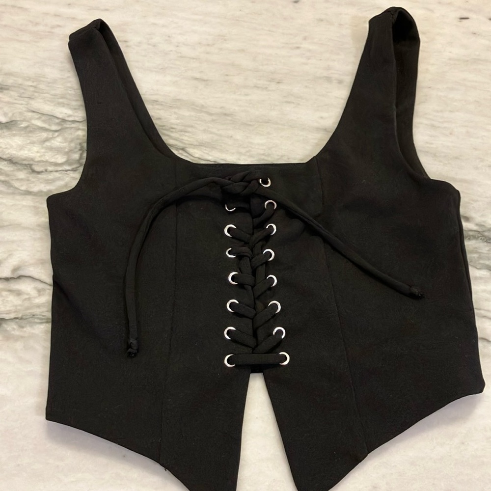 3/$18 Moa Moa Black Sleeveless lace tie metal Bustier Crop Top corset
